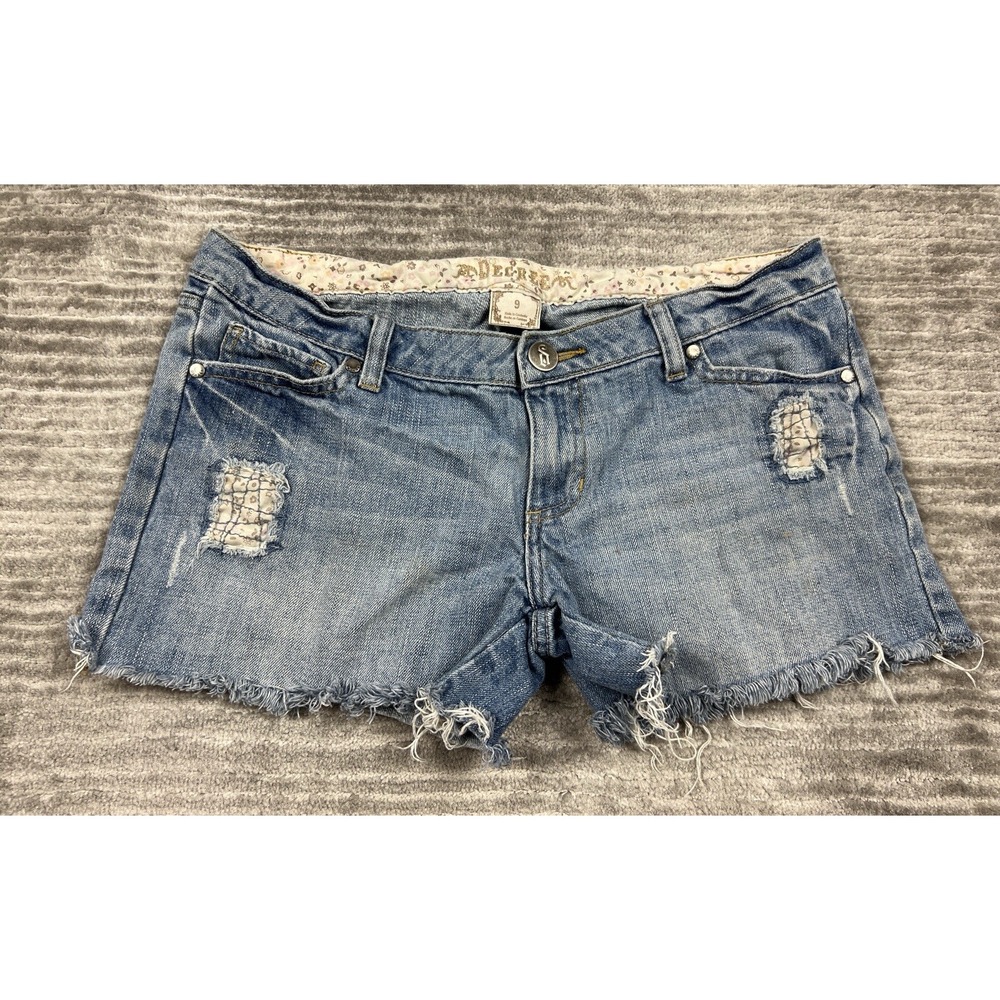 Decree Denim Shorts Womens 9 Blue Distressed Cut Off Low Rise Frayed Floral Trim